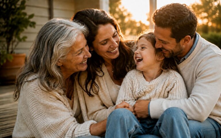 Three generations of a family laughing together at golden hour